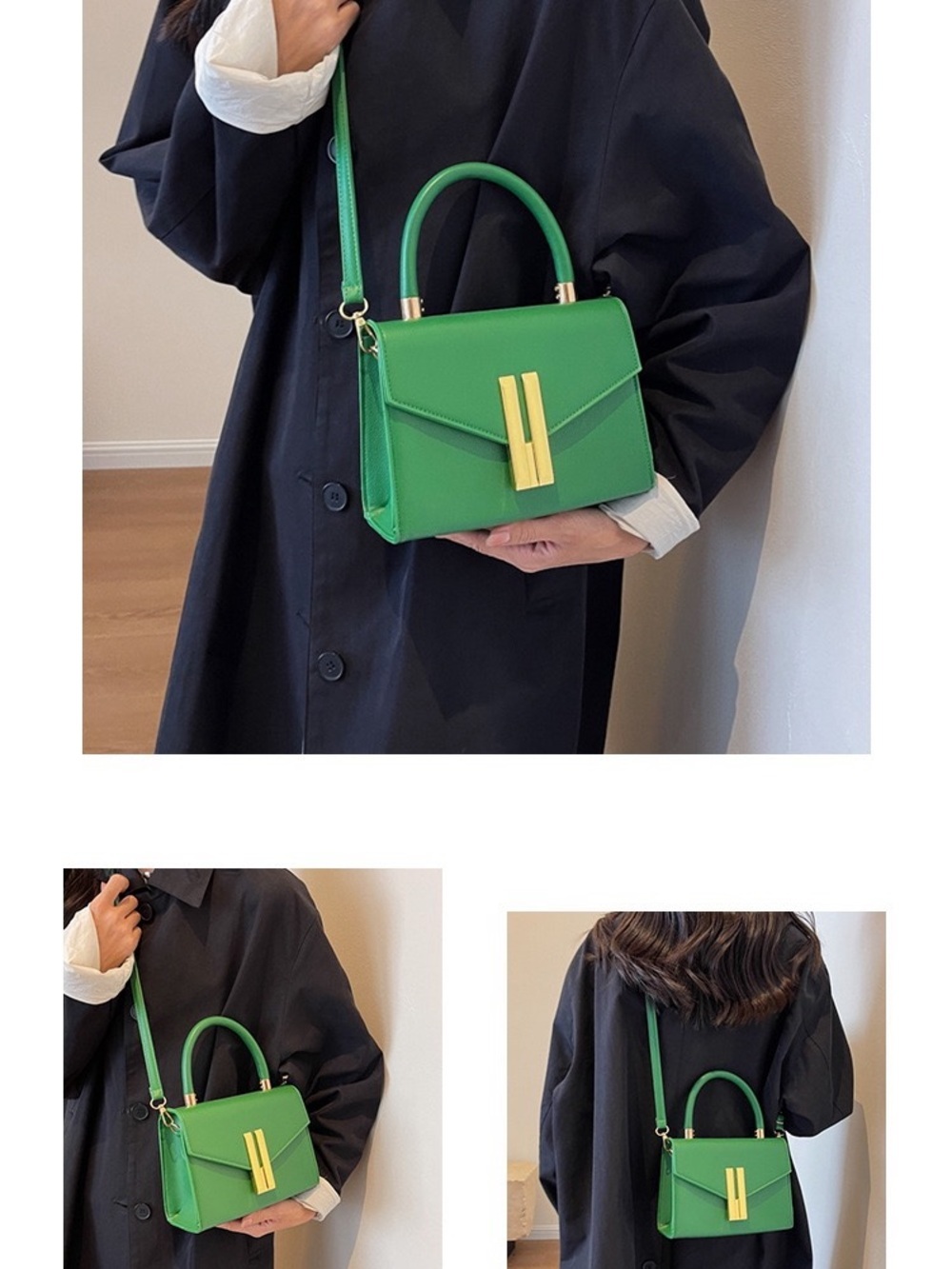 Green Structured Top-Handle Crossbody Bag with Gold Accent